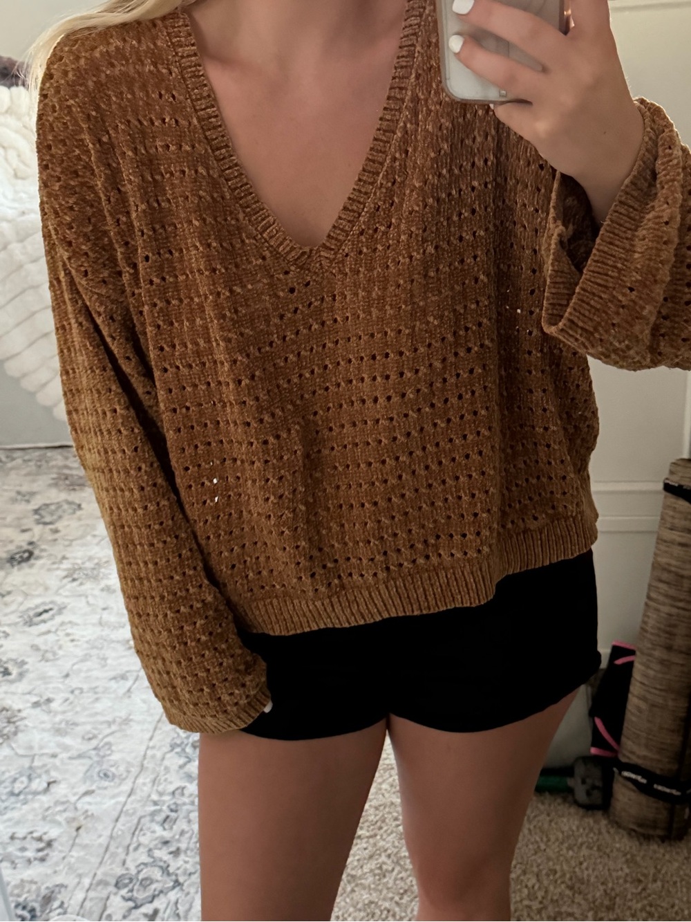 Cozy V-Neck Open Knit Sweater in Camel